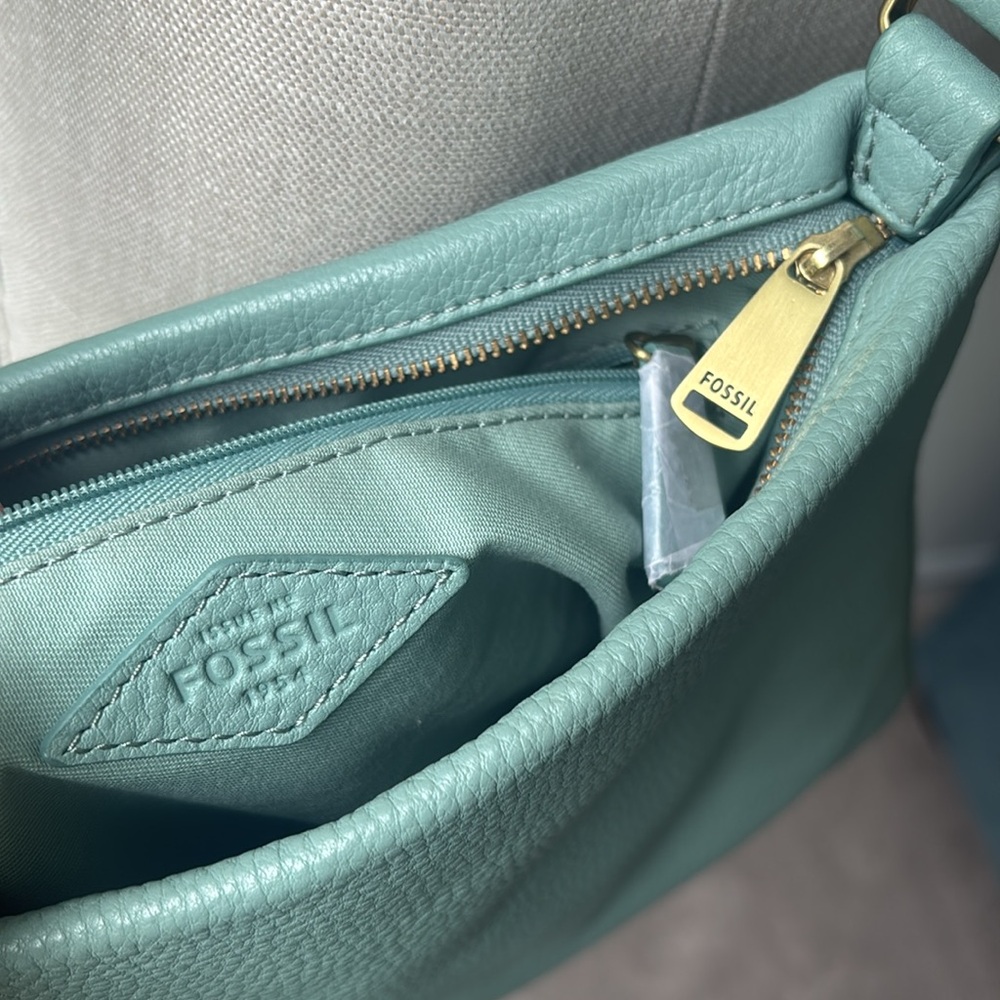 Fossil Crossbody Bag Mint Green Pebbled Leather Square Boho Festival - Picture 3 of 5